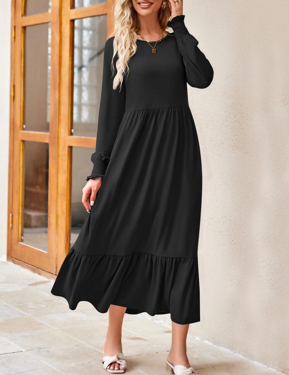 imageZESICA Womens 2026 Fall Long Sleeve Dress Crewneck Casual Loose Pleated Tiered Swing Midi Dresses with PocketsBlack