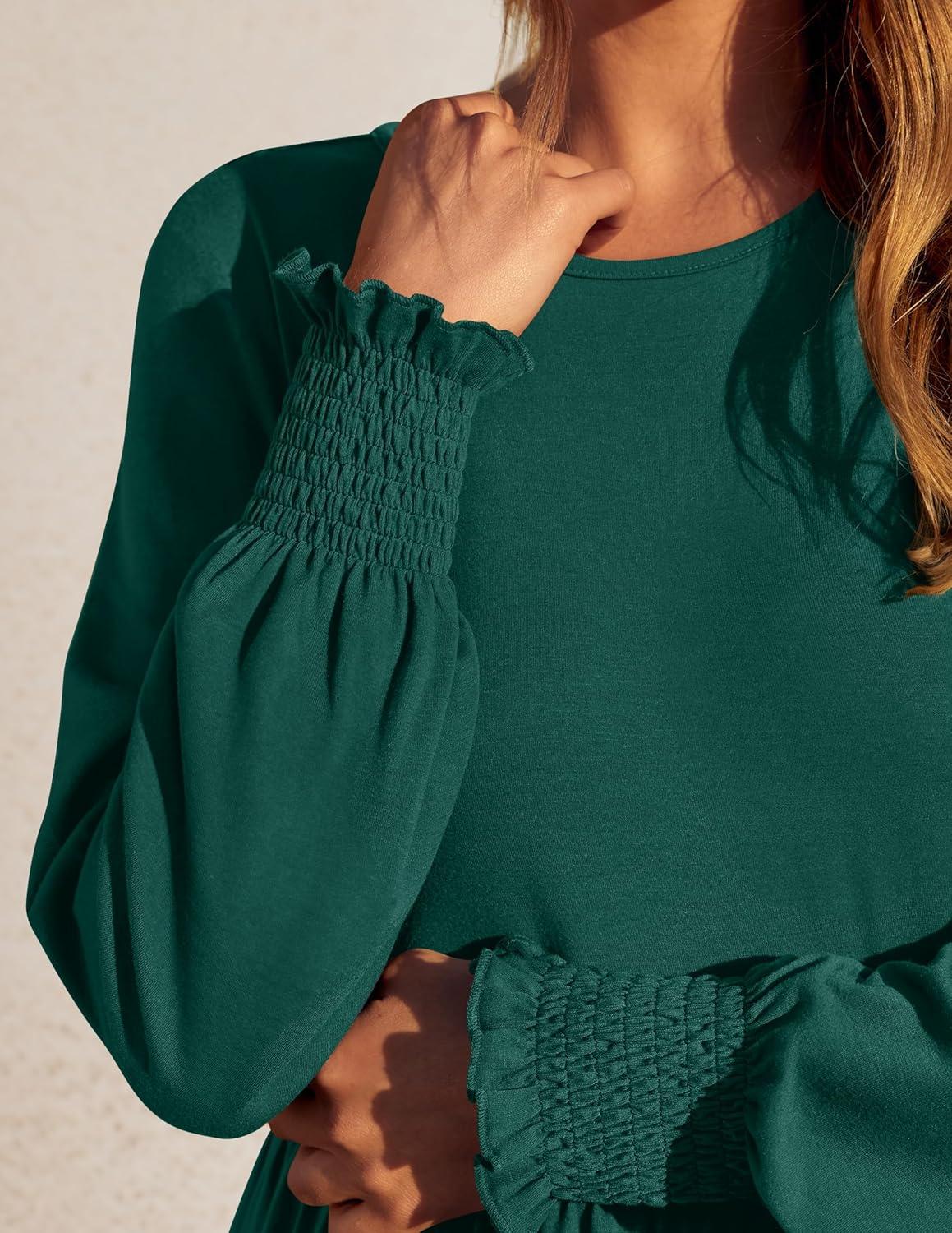 imageZESICA Womens 2026 Fall Long Sleeve Dress Crewneck Casual Loose Pleated Tiered Swing Midi Dresses with PocketsDarkgreen