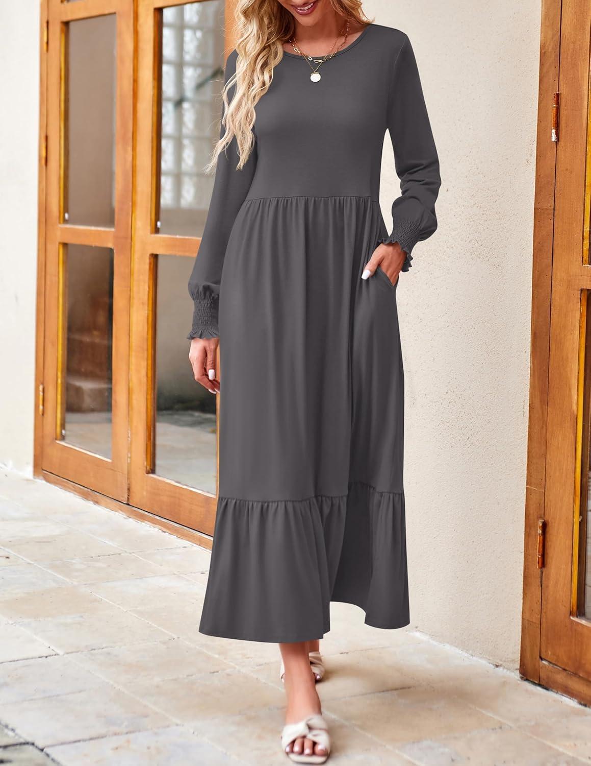 imageZESICA Womens 2026 Fall Long Sleeve Dress Crewneck Casual Loose Pleated Tiered Swing Midi Dresses with PocketsDarkgrey