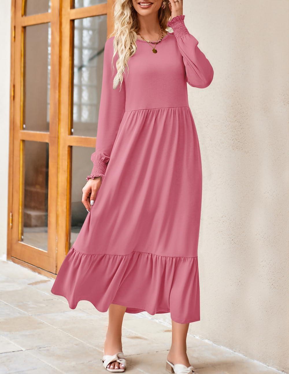 imageZESICA Womens 2026 Fall Long Sleeve Dress Crewneck Casual Loose Pleated Tiered Swing Midi Dresses with PocketsPink