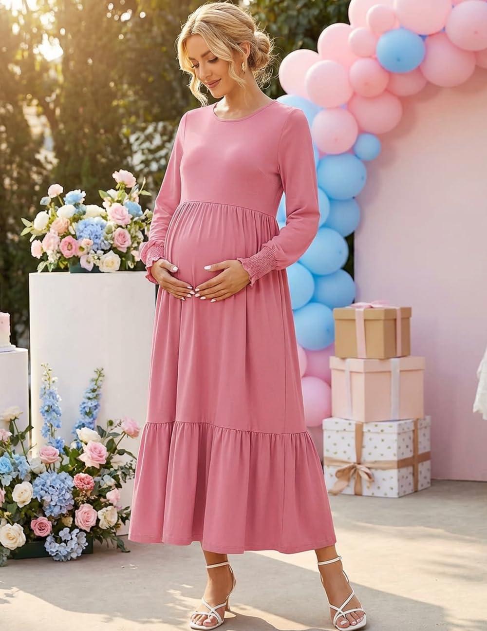 imageZESICA Womens 2026 Fall Long Sleeve Dress Crewneck Casual Loose Pleated Tiered Swing Midi Dresses with PocketsPink