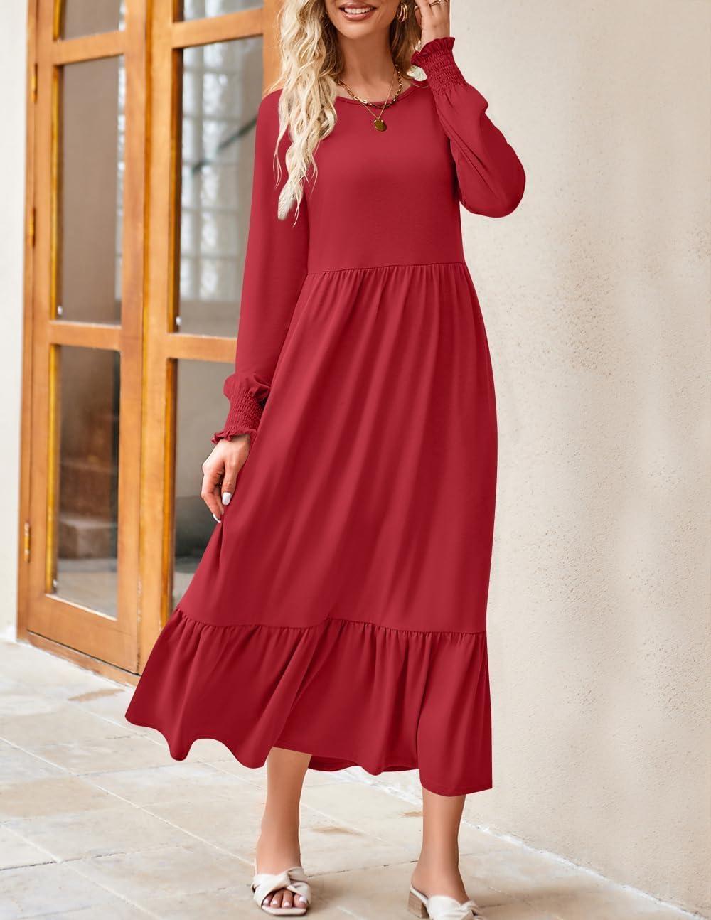 imageZESICA Womens 2026 Fall Long Sleeve Dress Crewneck Casual Loose Pleated Tiered Swing Midi Dresses with PocketsRed