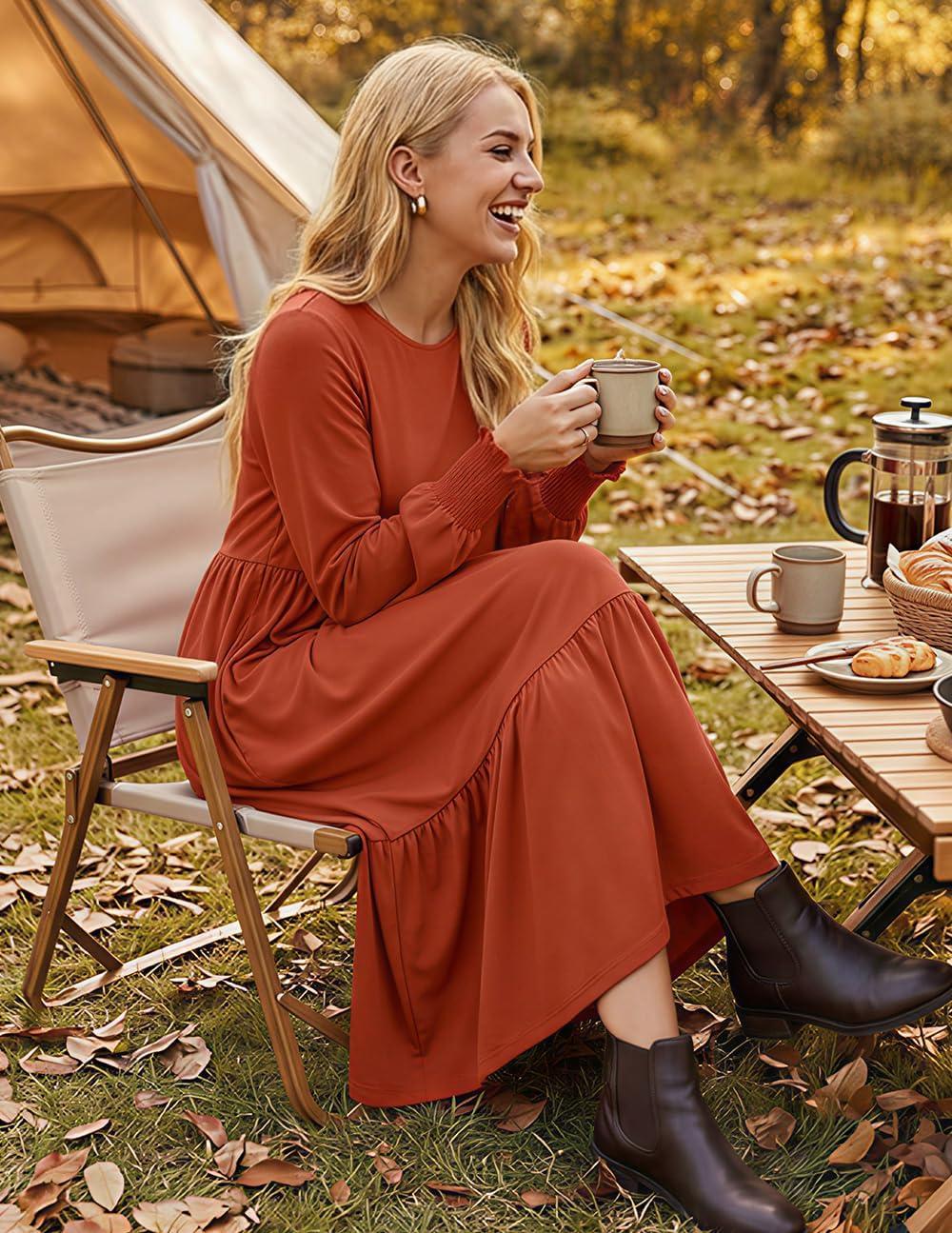 imageZESICA Womens 2026 Fall Long Sleeve Dress Crewneck Casual Loose Pleated Tiered Swing Midi Dresses with PocketsRust