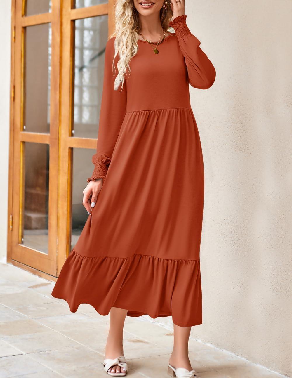 imageZESICA Womens 2026 Fall Long Sleeve Dress Crewneck Casual Loose Pleated Tiered Swing Midi Dresses with PocketsRust