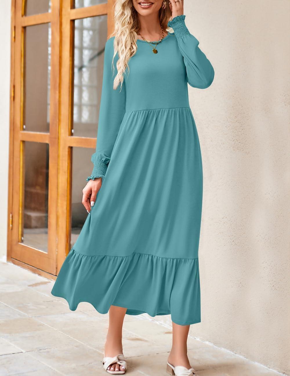 imageZESICA Womens 2026 Fall Long Sleeve Dress Crewneck Casual Loose Pleated Tiered Swing Midi Dresses with PocketsSage