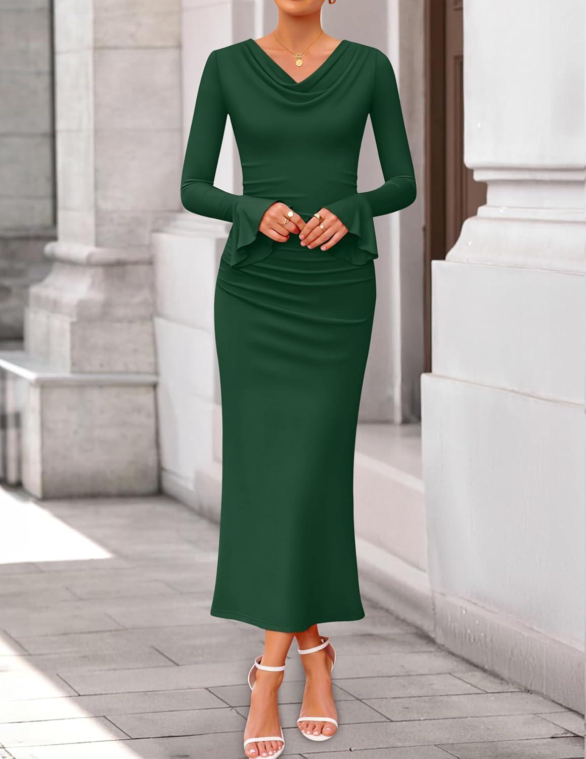 imageZESICA Womens 2026 Fall Long Sleeve Ruched Knit Bodycon Maxi Dress Cowl Neck Back Slit Formal Wedding Guest Cocktail DressesDark Green