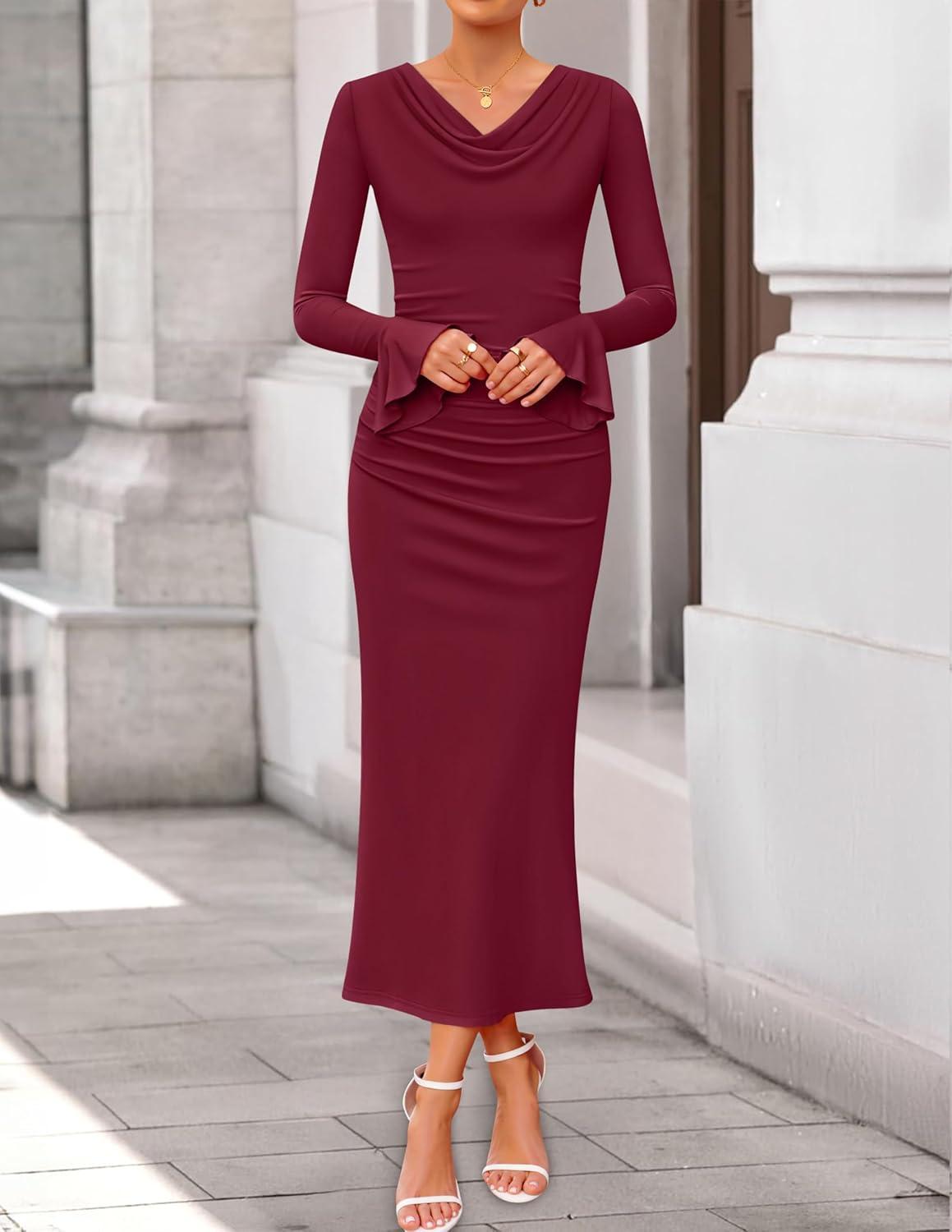 imageZESICA Womens 2026 Fall Long Sleeve Ruched Knit Bodycon Maxi Dress Cowl Neck Back Slit Formal Wedding Guest Cocktail DressesWine Red
