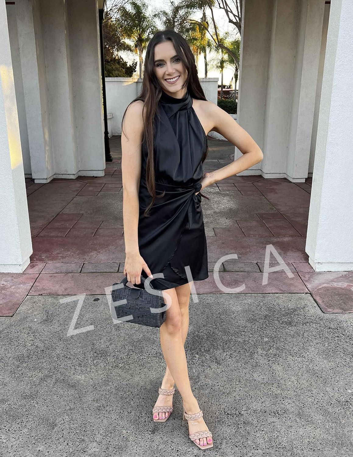 imageZESICA Womens 2026 Fashion Satin Sleeveless Halter Neck Tie Waist Wrap Bodycon Cocktail Party Mini DressBlack