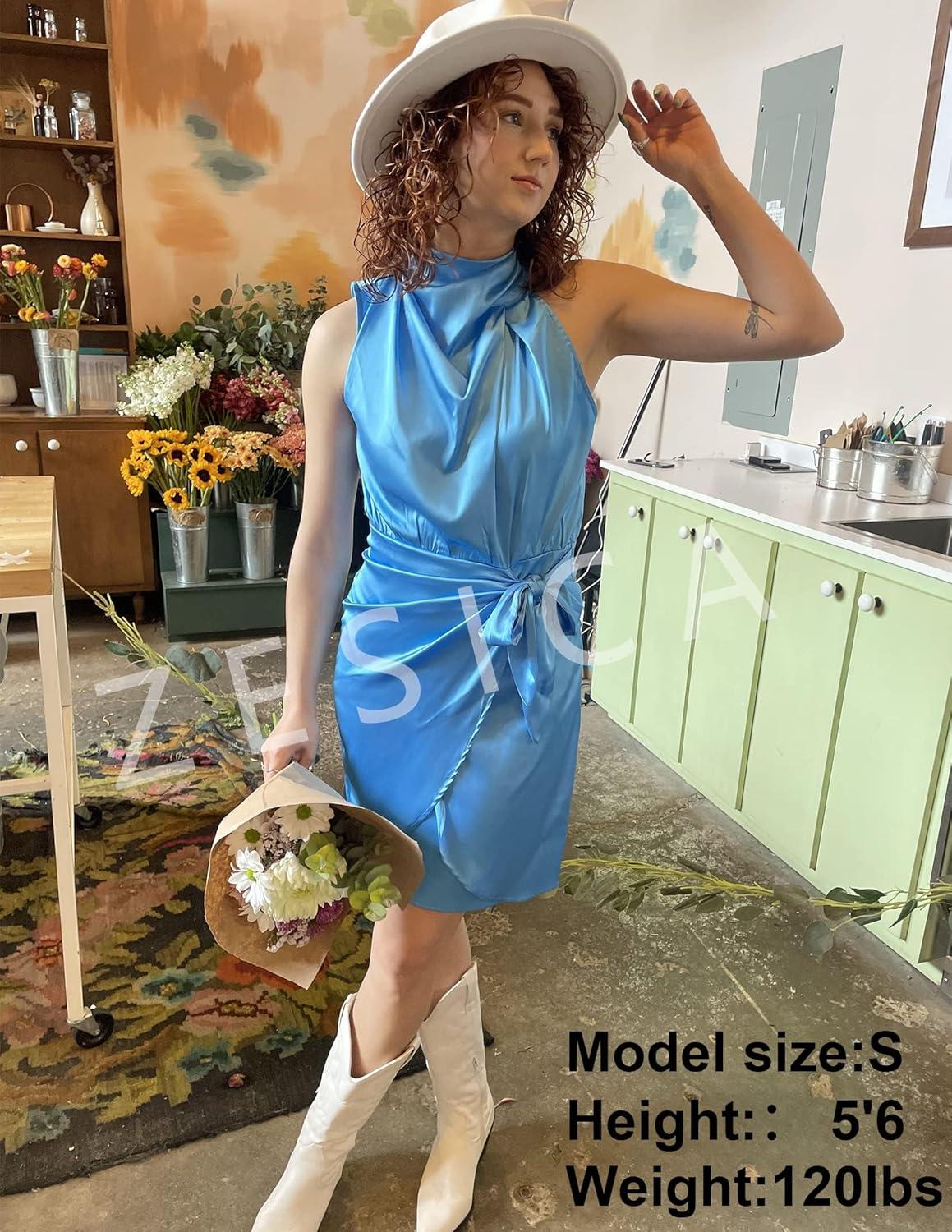 imageZESICA Womens 2026 Fashion Satin Sleeveless Halter Neck Tie Waist Wrap Bodycon Cocktail Party Mini DressBlue