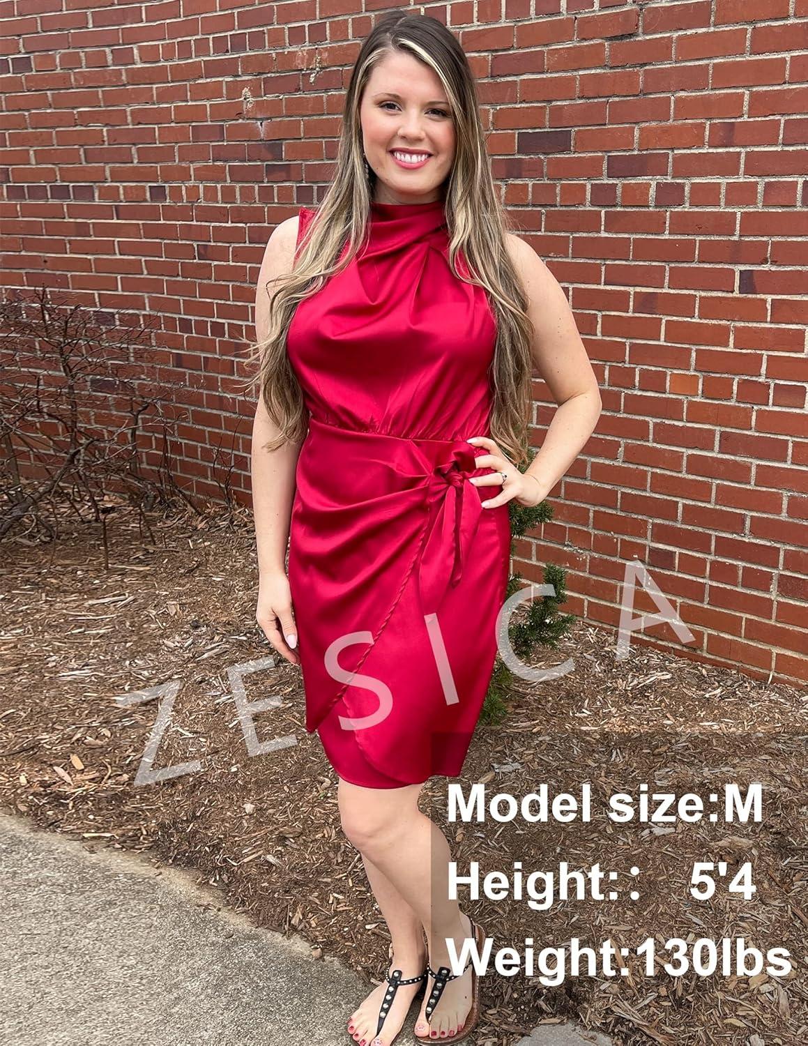 imageZESICA Womens 2026 Fashion Satin Sleeveless Halter Neck Tie Waist Wrap Bodycon Cocktail Party Mini DressRed
