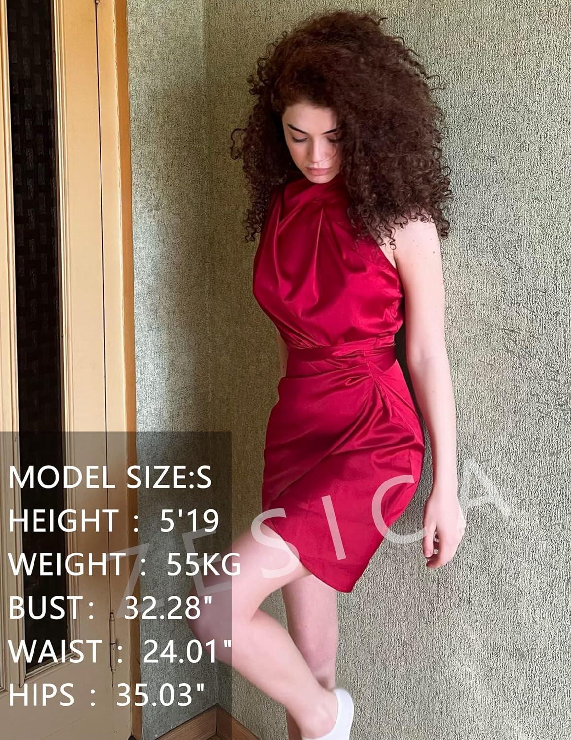 imageZESICA Womens 2026 Fashion Satin Sleeveless Halter Neck Tie Waist Wrap Bodycon Cocktail Party Mini DressRed