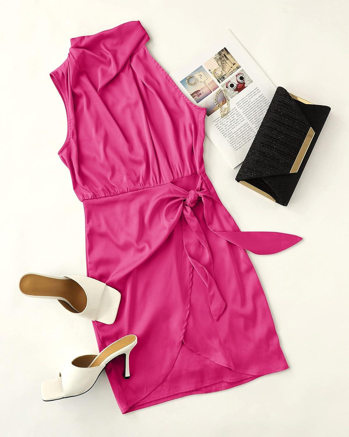imageZESICA Womens 2026 Fashion Satin Sleeveless Halter Neck Tie Waist Wrap Bodycon Cocktail Party Mini DressRose