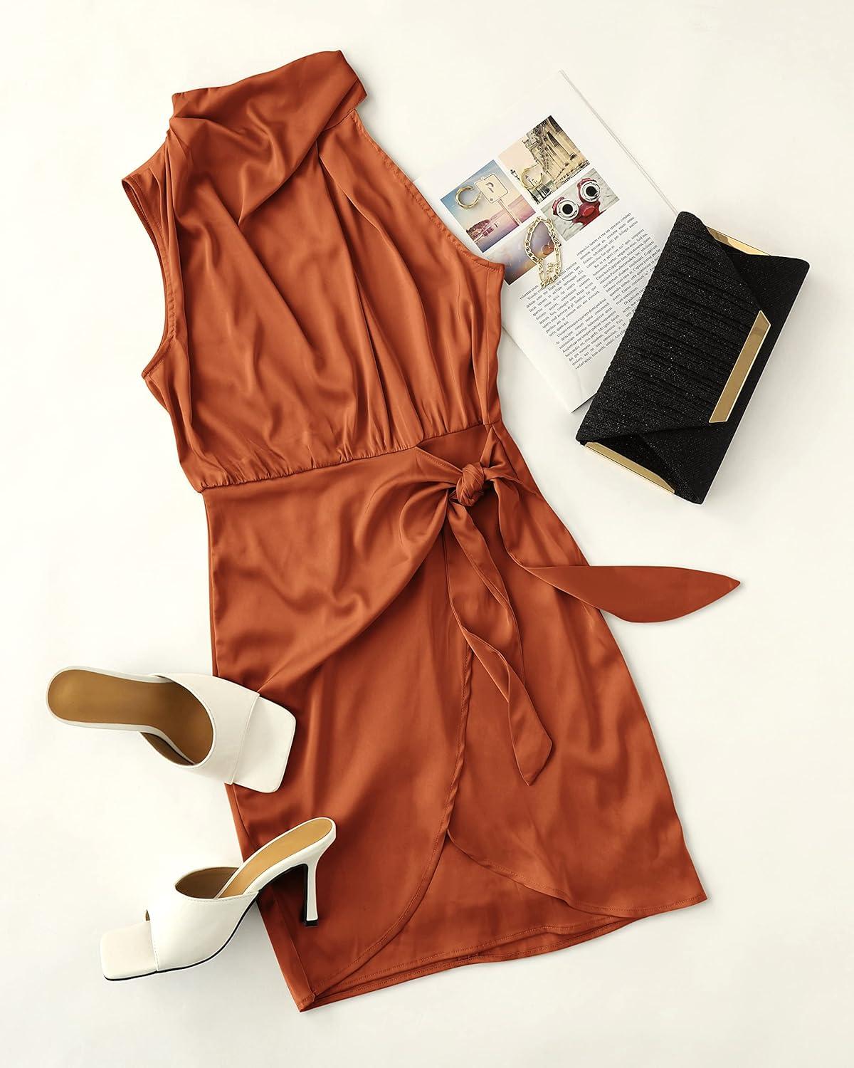 imageZESICA Womens 2026 Fashion Satin Sleeveless Halter Neck Tie Waist Wrap Bodycon Cocktail Party Mini DressRust