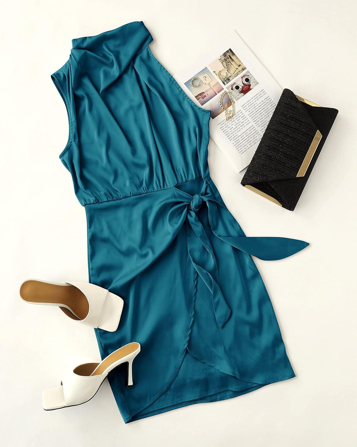 imageZESICA Womens 2026 Fashion Satin Sleeveless Halter Neck Tie Waist Wrap Bodycon Cocktail Party Mini DressTeal