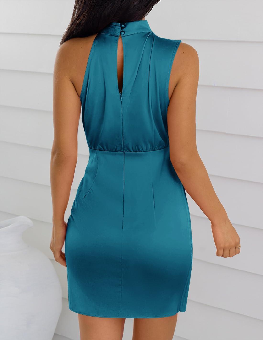 imageZESICA Womens 2026 Fashion Satin Sleeveless Halter Neck Tie Waist Wrap Bodycon Cocktail Party Mini DressTeal