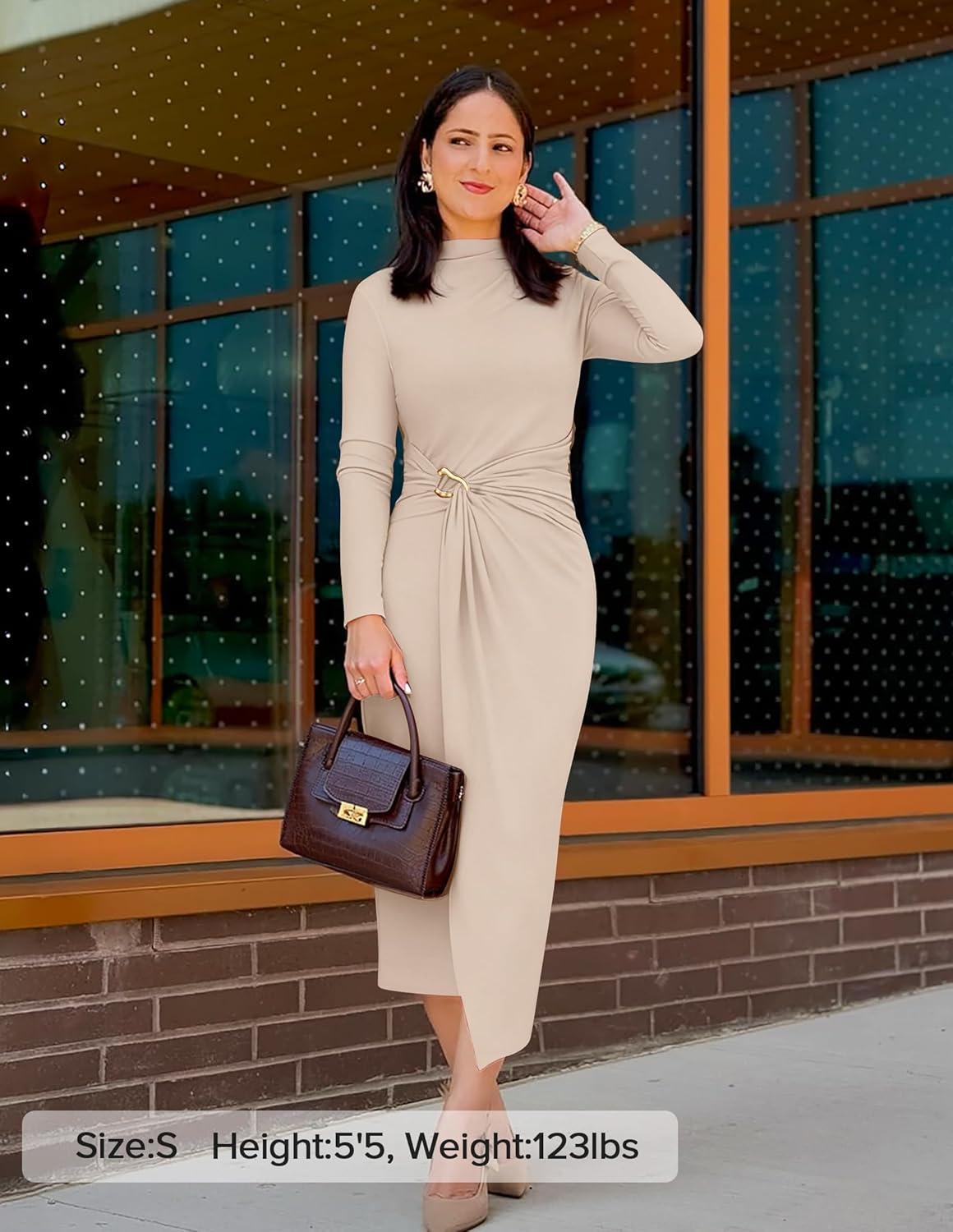 imageZESICA Womens 2026 Spring Long Sleeve Bodycon Dress Mock Neck Wedding Guest Cocktail Party Long Midi DressesApricot