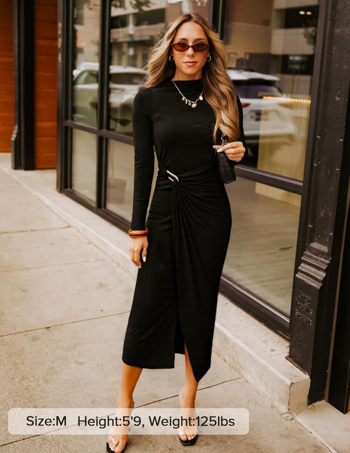 imageZESICA Womens 2026 Spring Long Sleeve Bodycon Dress Mock Neck Wedding Guest Cocktail Party Long Midi DressesBlack