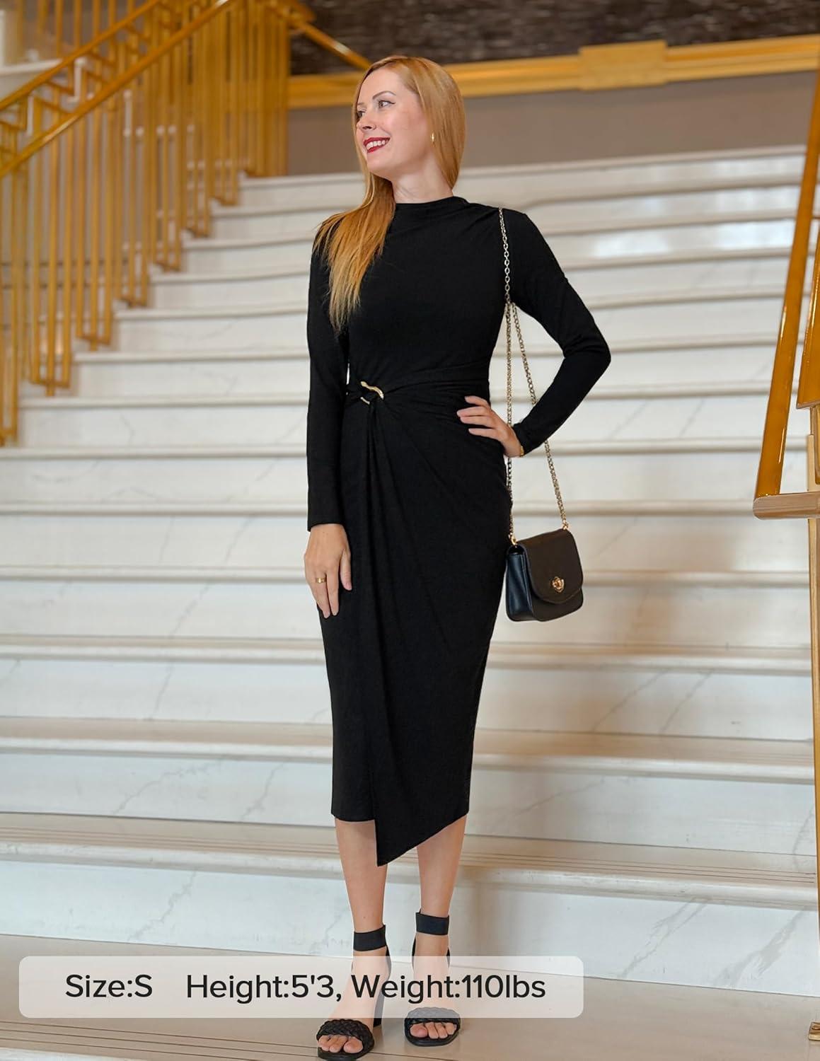 imageZESICA Womens 2026 Spring Long Sleeve Bodycon Dress Mock Neck Wedding Guest Cocktail Party Long Midi DressesBlack