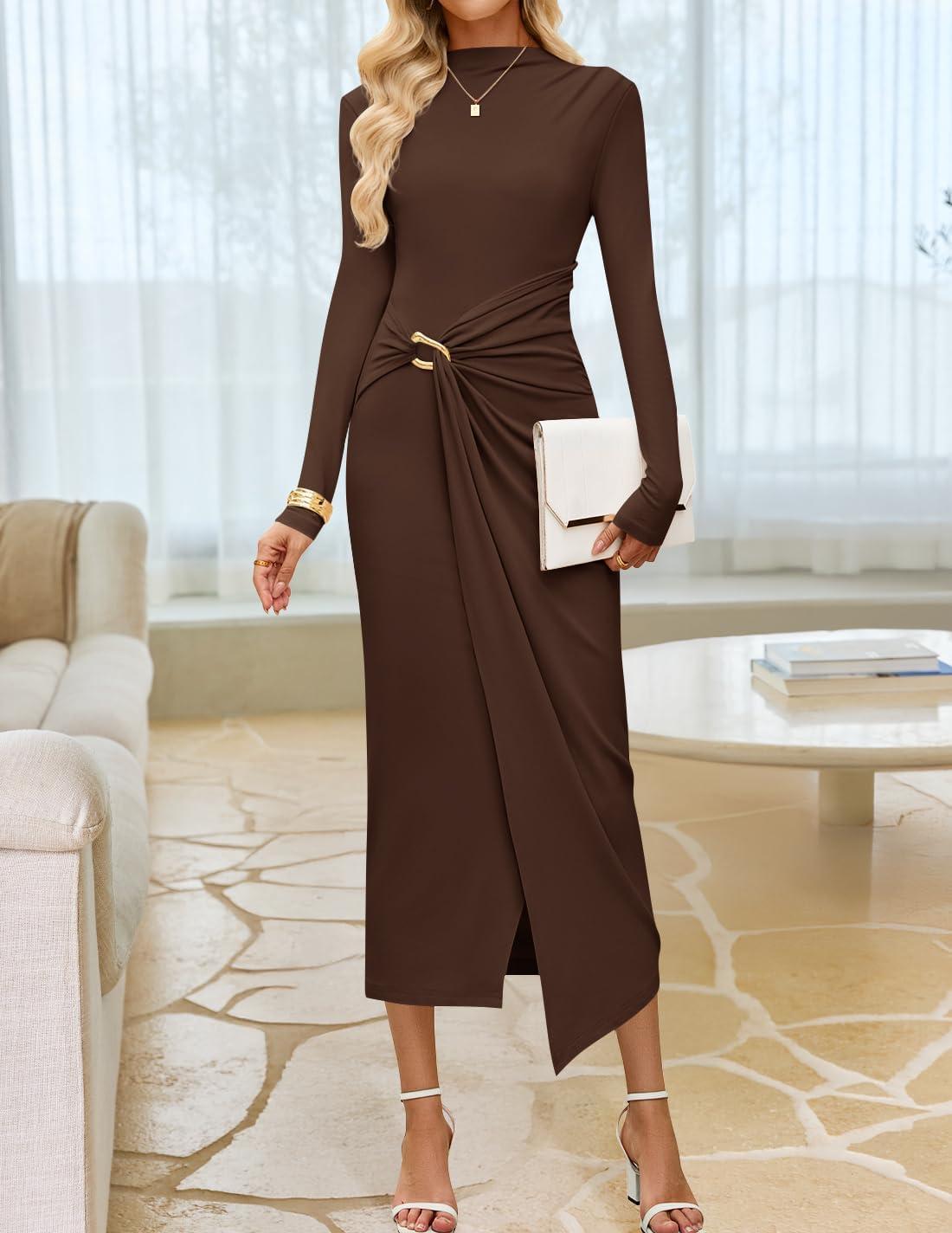 imageZESICA Womens 2026 Spring Long Sleeve Bodycon Dress Mock Neck Wedding Guest Cocktail Party Long Midi DressesBrown