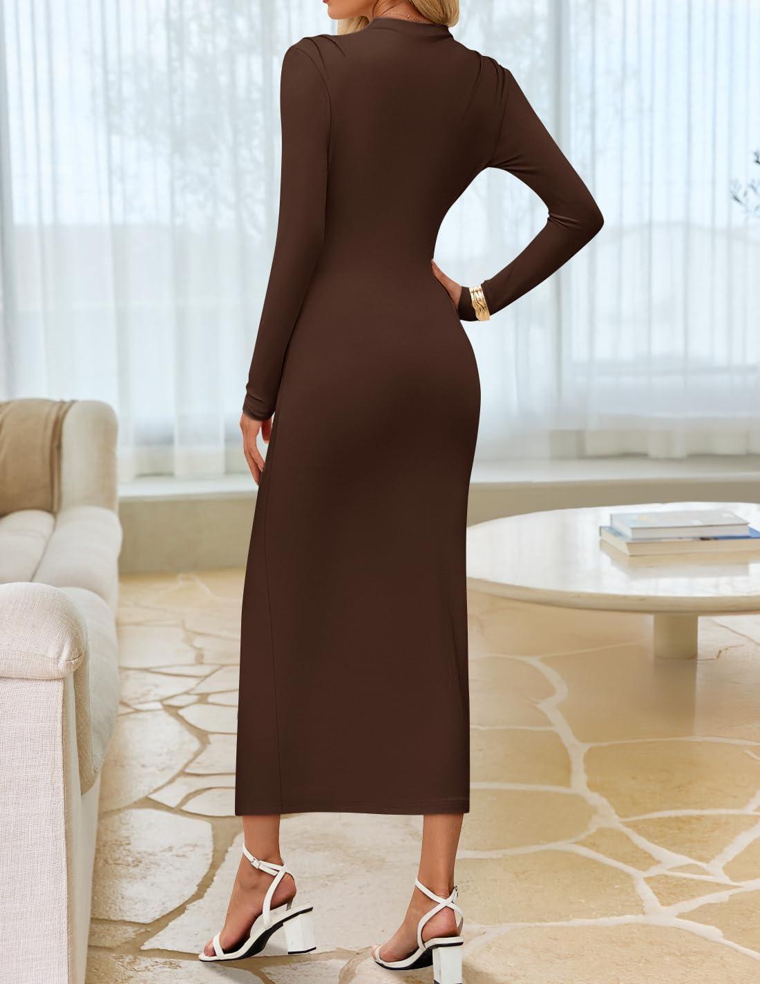 imageZESICA Womens 2026 Spring Long Sleeve Bodycon Dress Mock Neck Wedding Guest Cocktail Party Long Midi DressesBrown
