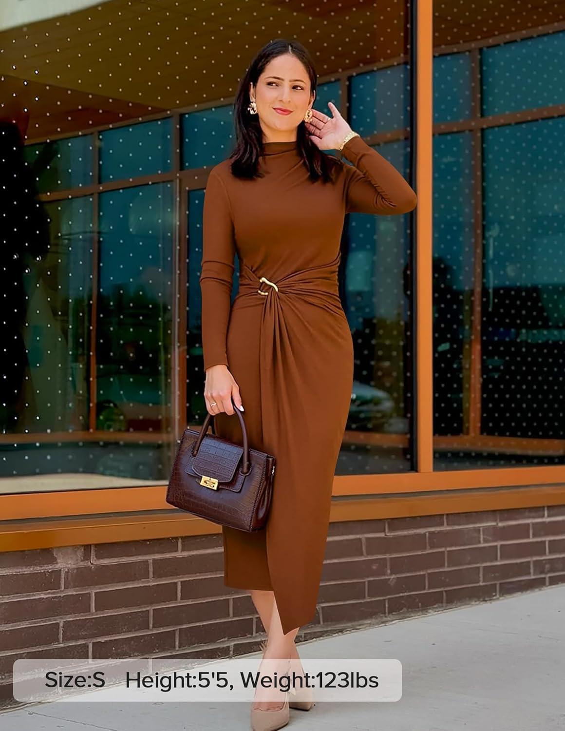 imageZESICA Womens 2026 Spring Long Sleeve Bodycon Dress Mock Neck Wedding Guest Cocktail Party Long Midi DressesCaramel