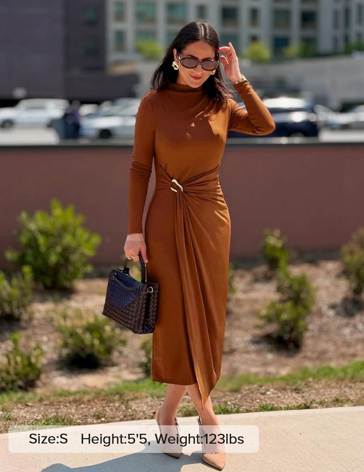 imageZESICA Womens 2026 Spring Long Sleeve Bodycon Dress Mock Neck Wedding Guest Cocktail Party Long Midi DressesCaramel