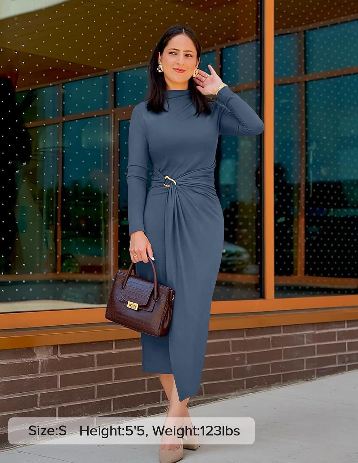 imageZESICA Womens 2026 Spring Long Sleeve Bodycon Dress Mock Neck Wedding Guest Cocktail Party Long Midi DressesDustyblue