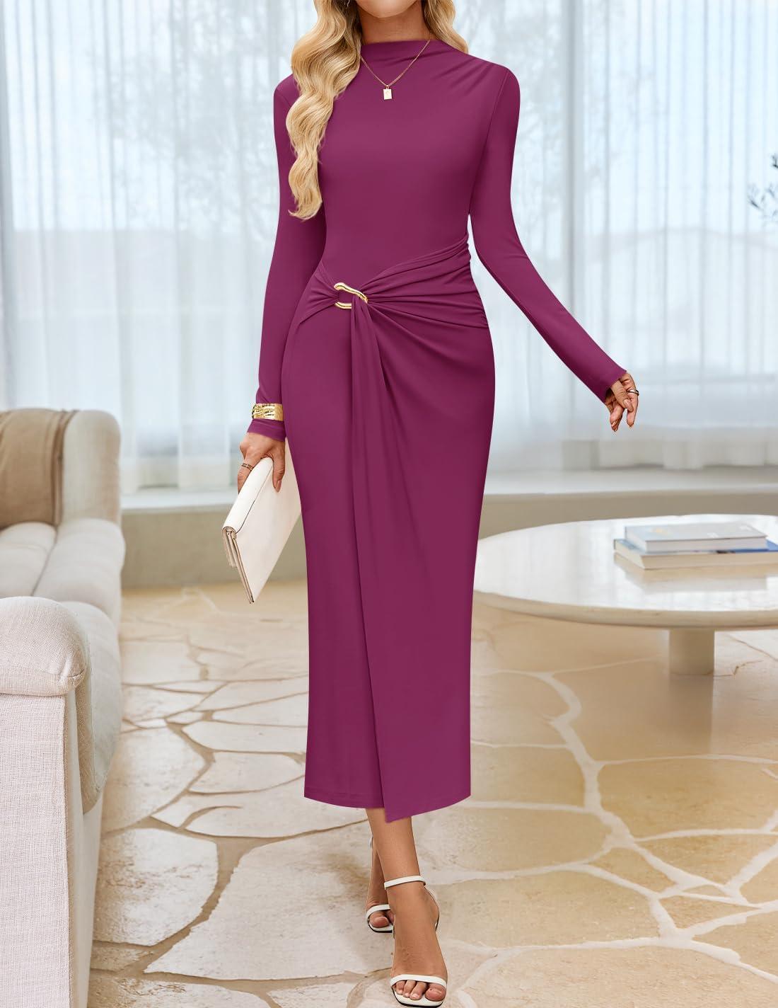 imageZESICA Womens 2026 Spring Long Sleeve Bodycon Dress Mock Neck Wedding Guest Cocktail Party Long Midi DressesEggplant