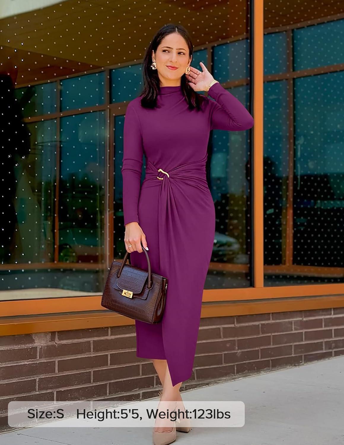 imageZESICA Womens 2026 Spring Long Sleeve Bodycon Dress Mock Neck Wedding Guest Cocktail Party Long Midi DressesEggplant