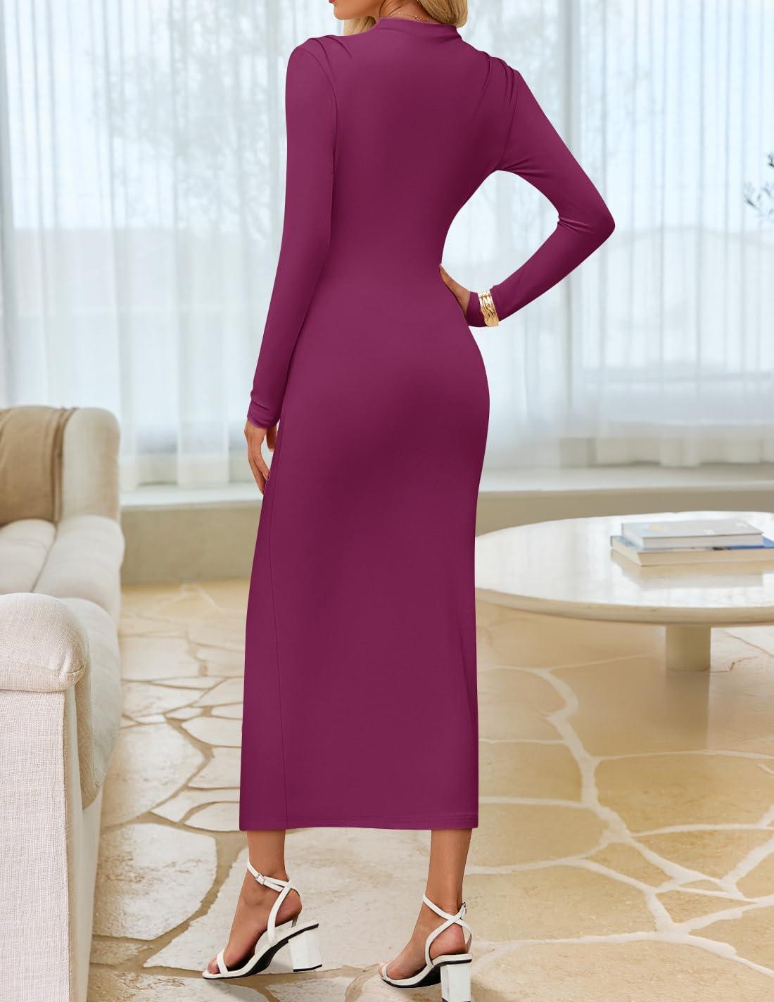 imageZESICA Womens 2026 Spring Long Sleeve Bodycon Dress Mock Neck Wedding Guest Cocktail Party Long Midi DressesEggplant