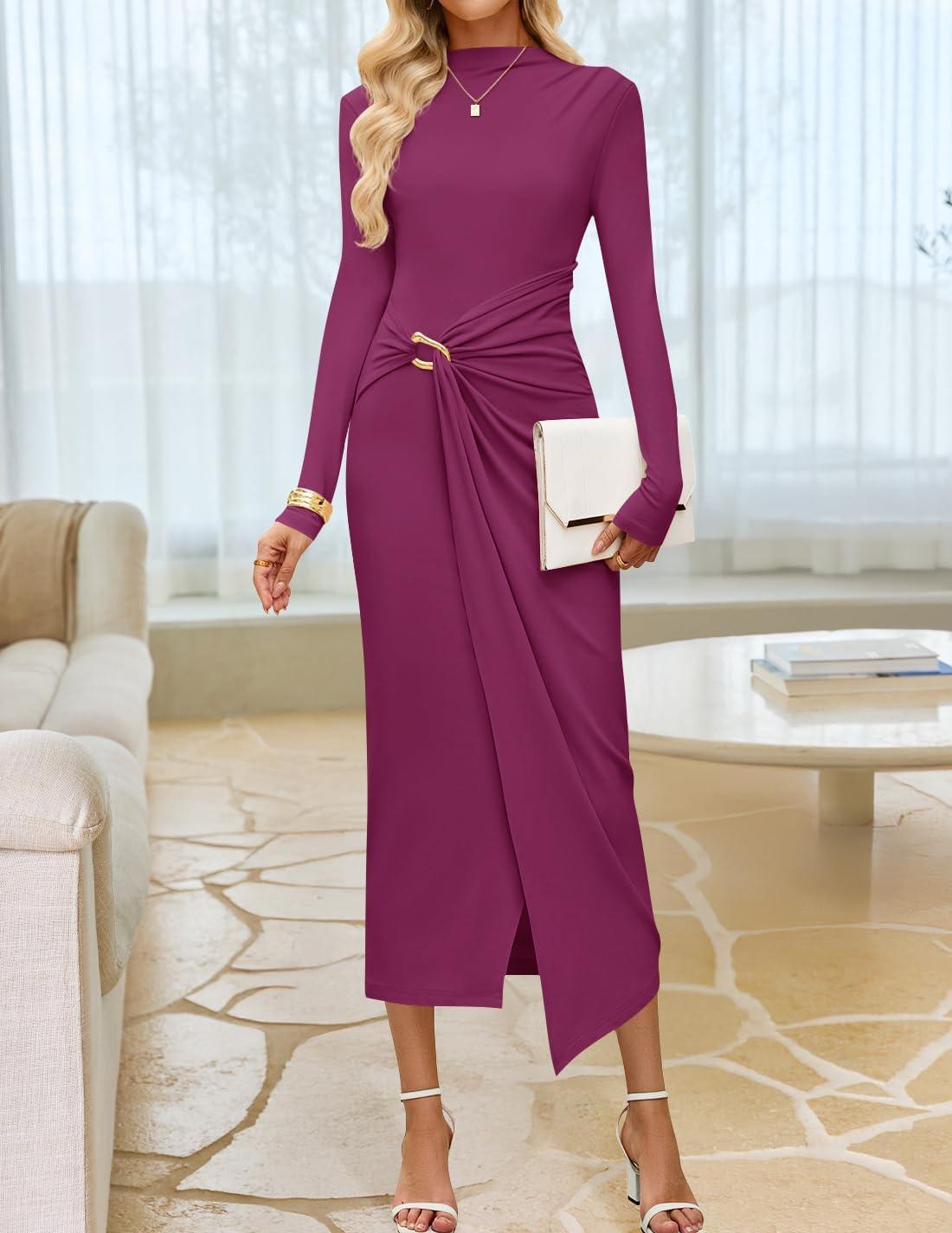 imageZESICA Womens 2026 Spring Long Sleeve Bodycon Dress Mock Neck Wedding Guest Cocktail Party Long Midi DressesEggplant