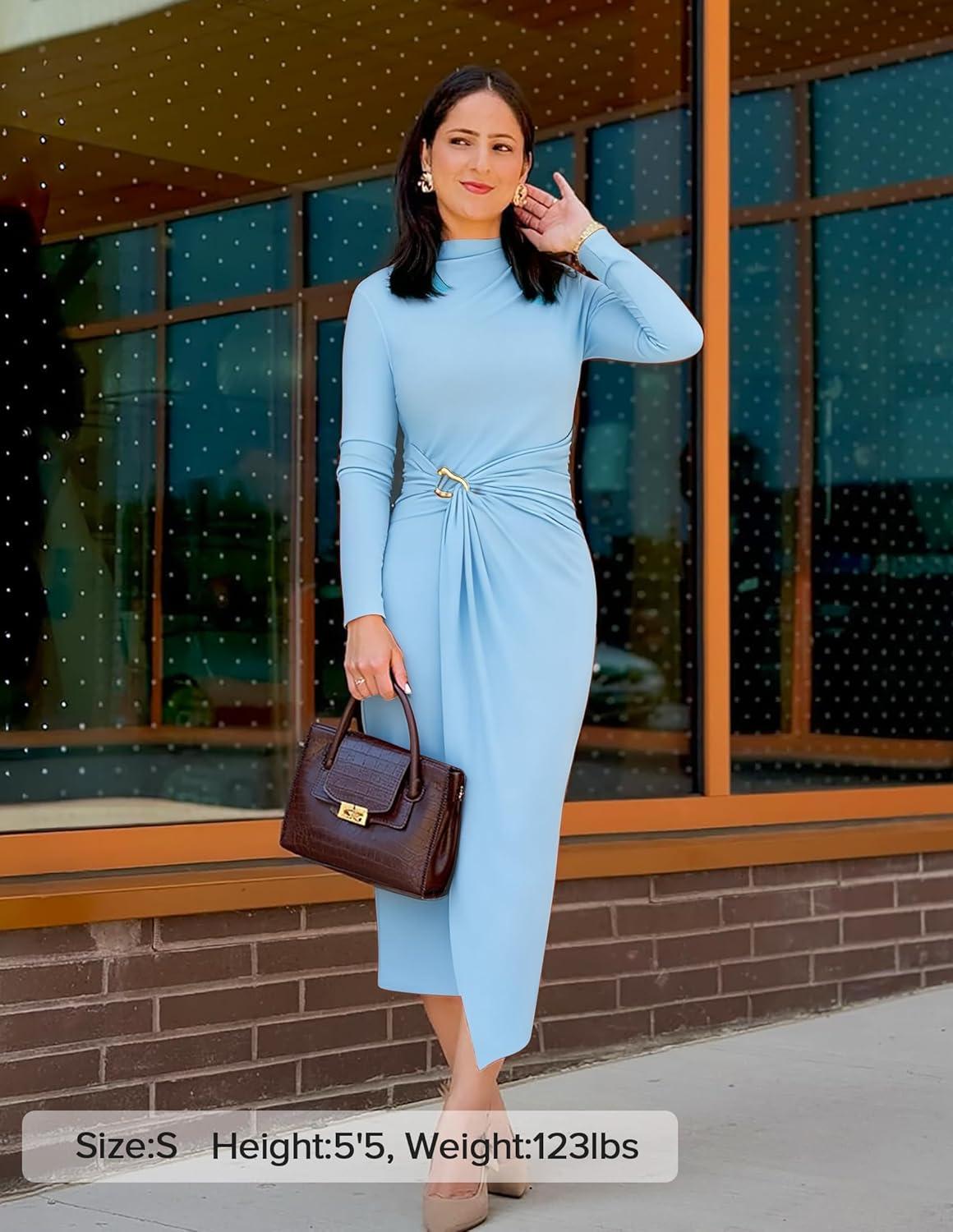 imageZESICA Womens 2026 Spring Long Sleeve Bodycon Dress Mock Neck Wedding Guest Cocktail Party Long Midi DressesLight Blue