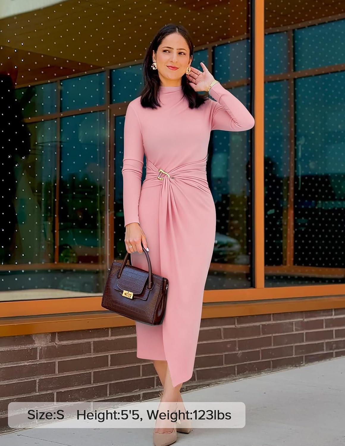 imageZESICA Womens 2026 Spring Long Sleeve Bodycon Dress Mock Neck Wedding Guest Cocktail Party Long Midi DressesPink