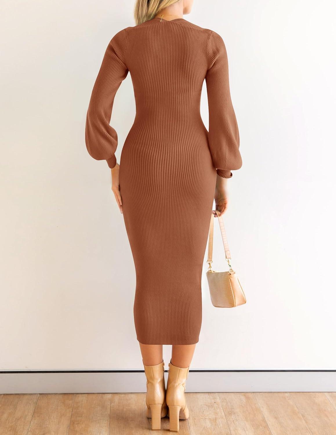 imageZESICA Womens 2026 Square Neck Ribbed Knit Dress Puff Long Sleeve Slim Fit Bodycon Fall Winter Pullover Sweater DressCoffee