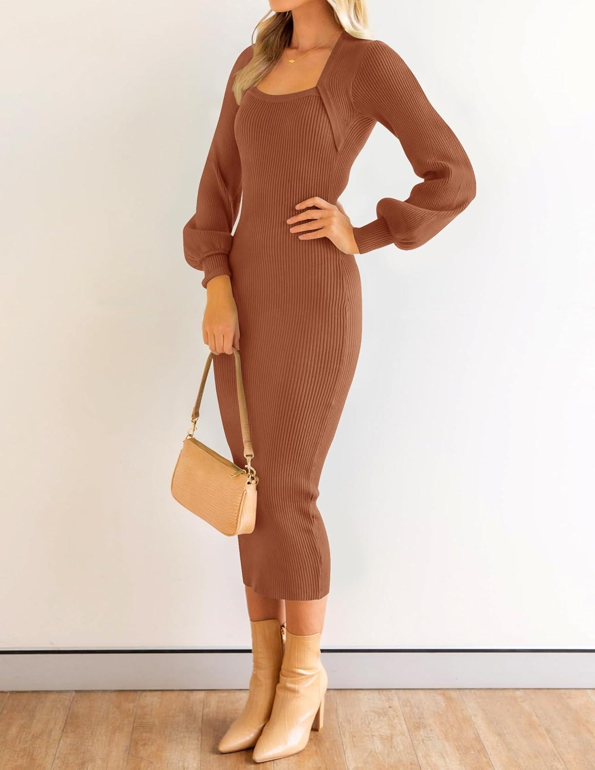 imageZESICA Womens 2026 Square Neck Ribbed Knit Dress Puff Long Sleeve Slim Fit Bodycon Fall Winter Pullover Sweater DressCoffee