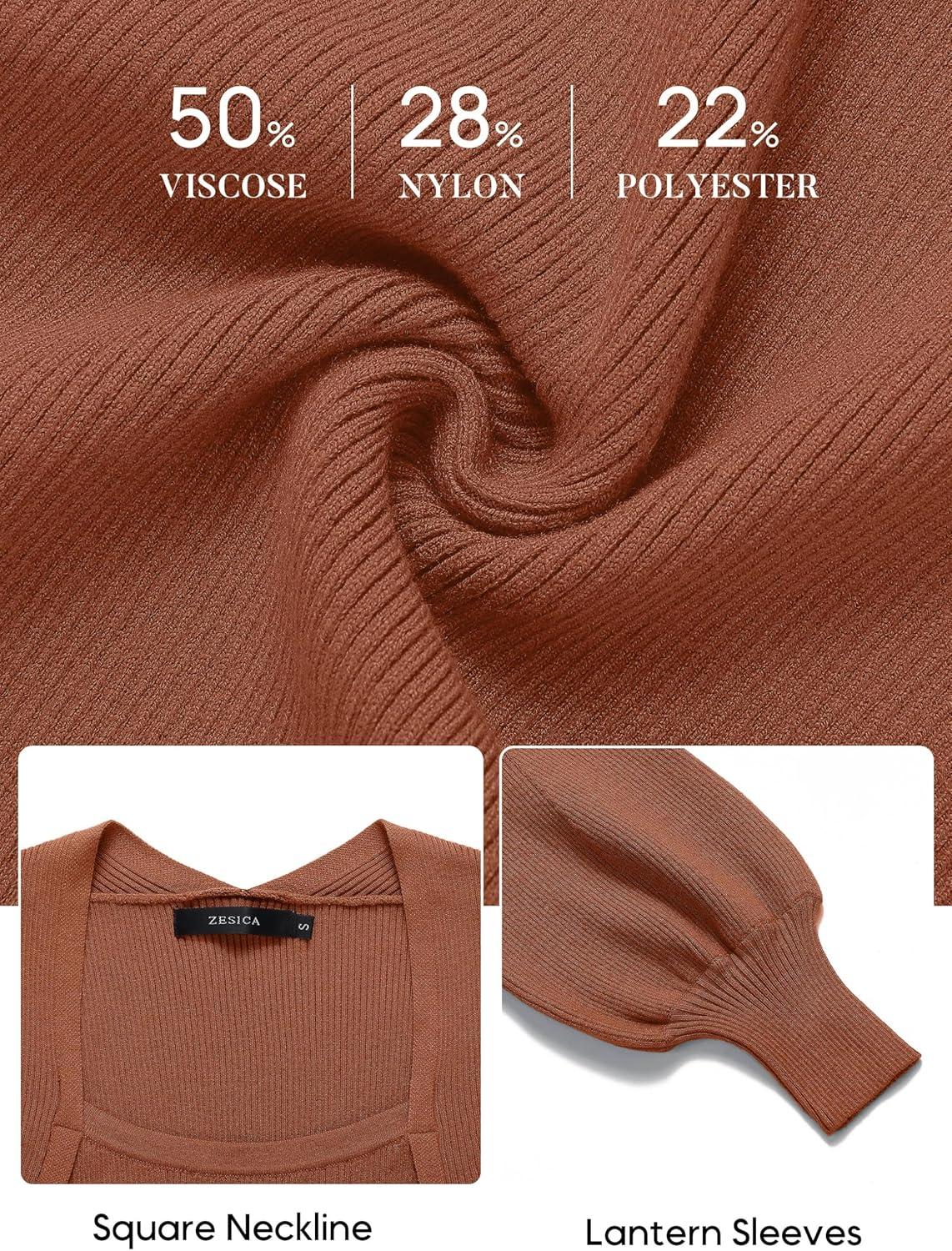 imageZESICA Womens 2026 Square Neck Ribbed Knit Dress Puff Long Sleeve Slim Fit Bodycon Fall Winter Pullover Sweater DressCoffee