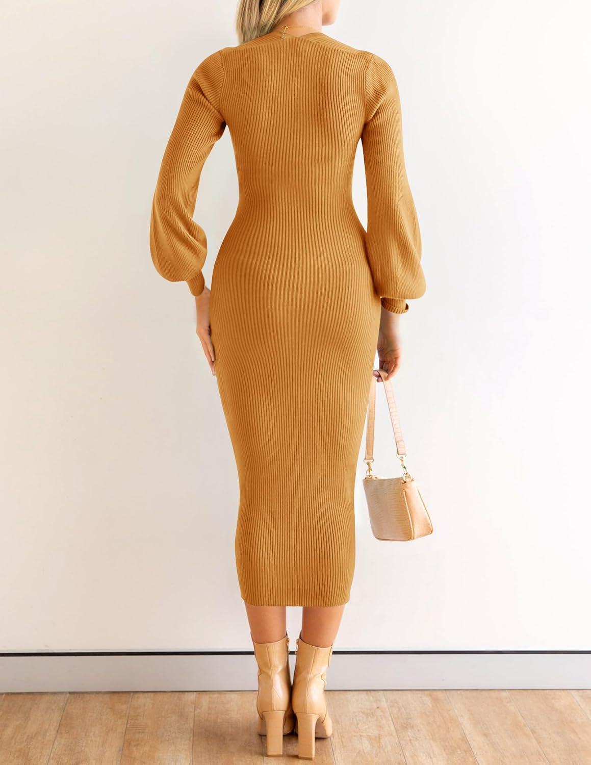 imageZESICA Womens 2026 Square Neck Ribbed Knit Dress Puff Long Sleeve Slim Fit Bodycon Fall Winter Pullover Sweater DressGoldentea