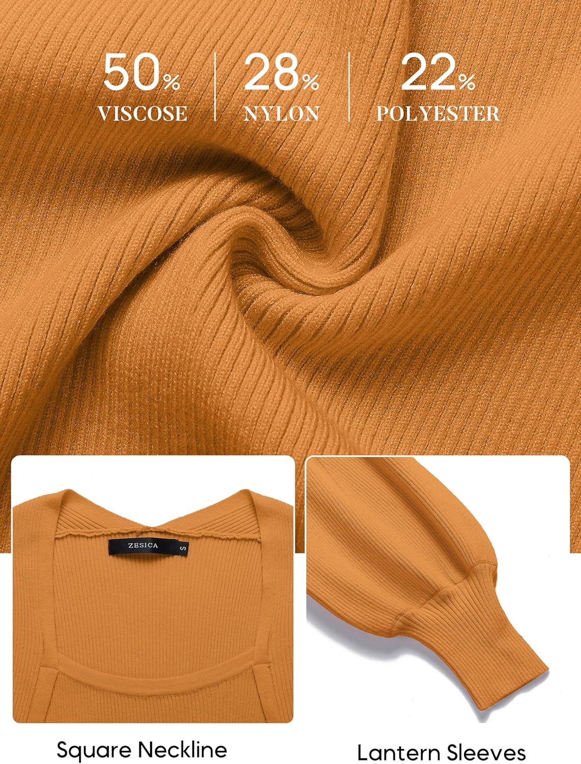 imageZESICA Womens 2026 Square Neck Ribbed Knit Dress Puff Long Sleeve Slim Fit Bodycon Fall Winter Pullover Sweater DressGoldentea