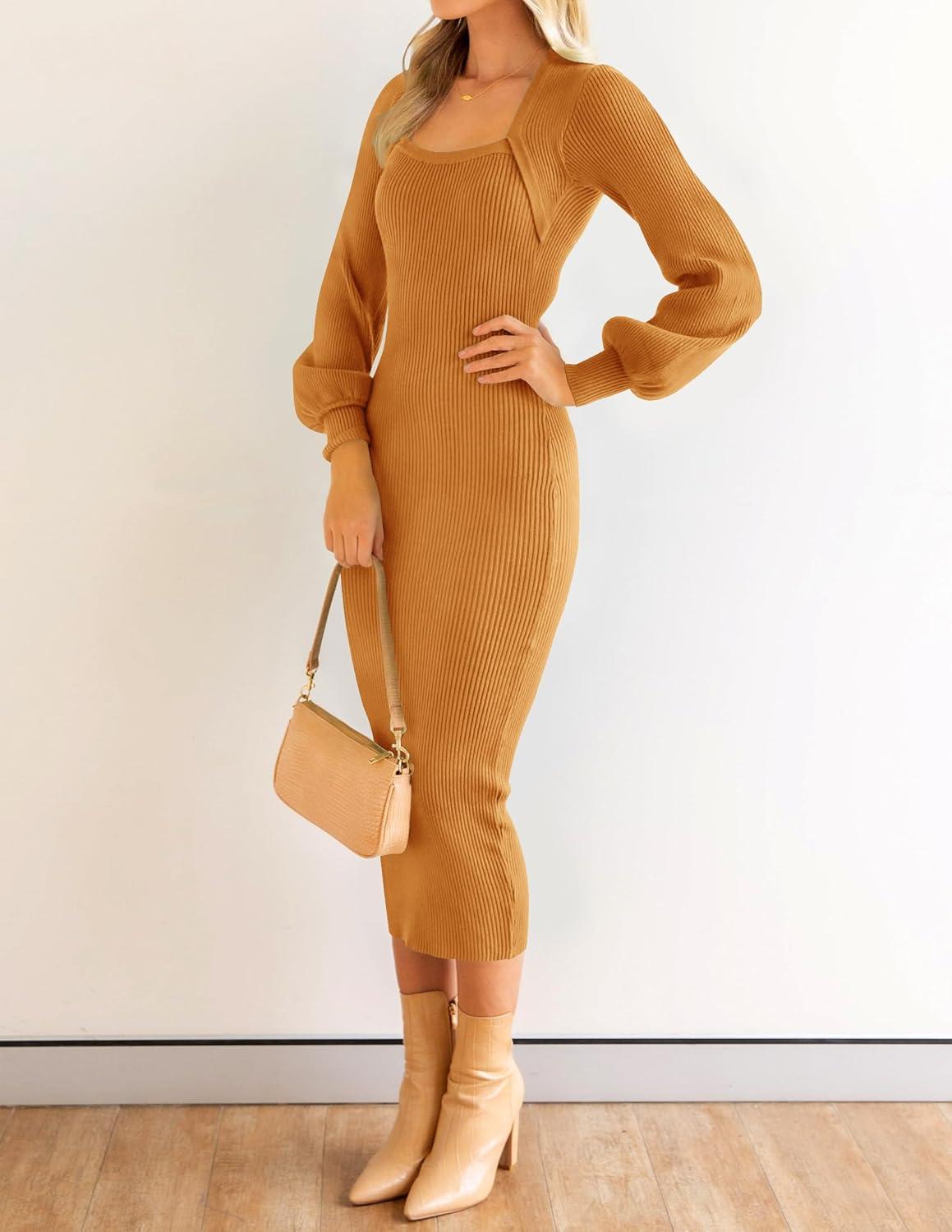 imageZESICA Womens 2026 Square Neck Ribbed Knit Dress Puff Long Sleeve Slim Fit Bodycon Fall Winter Pullover Sweater DressGoldentea