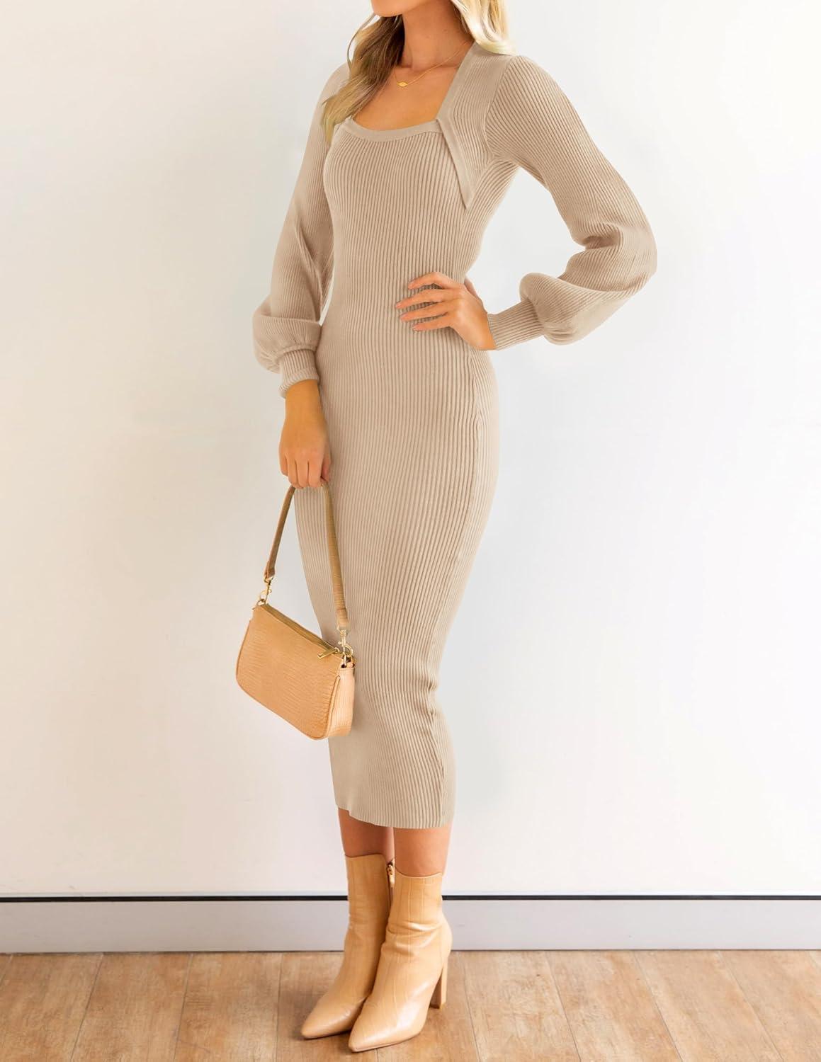 imageZESICA Womens 2026 Square Neck Ribbed Knit Dress Puff Long Sleeve Slim Fit Bodycon Fall Winter Pullover Sweater DressLightkhaki