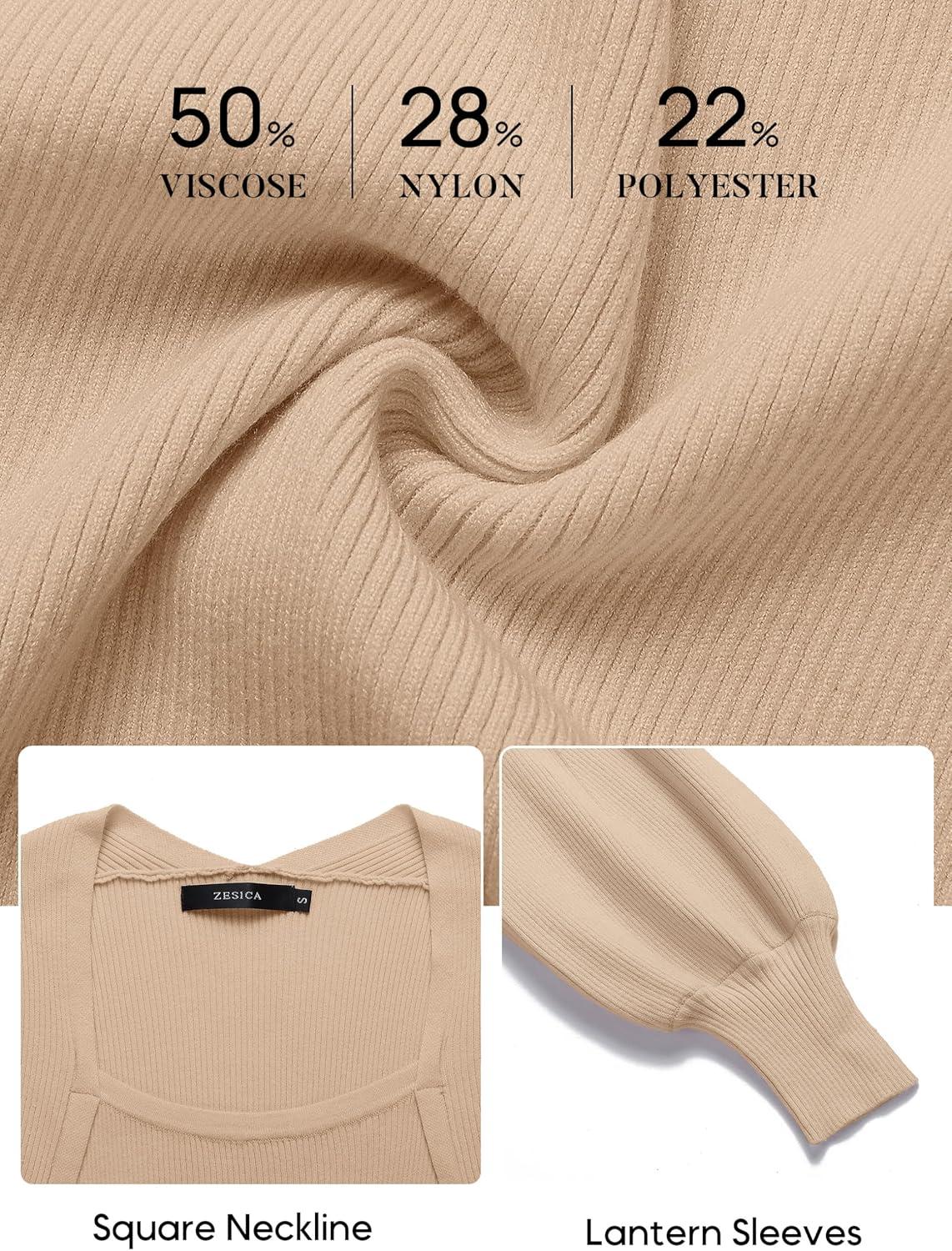 imageZESICA Womens 2026 Square Neck Ribbed Knit Dress Puff Long Sleeve Slim Fit Bodycon Fall Winter Pullover Sweater DressLightkhaki