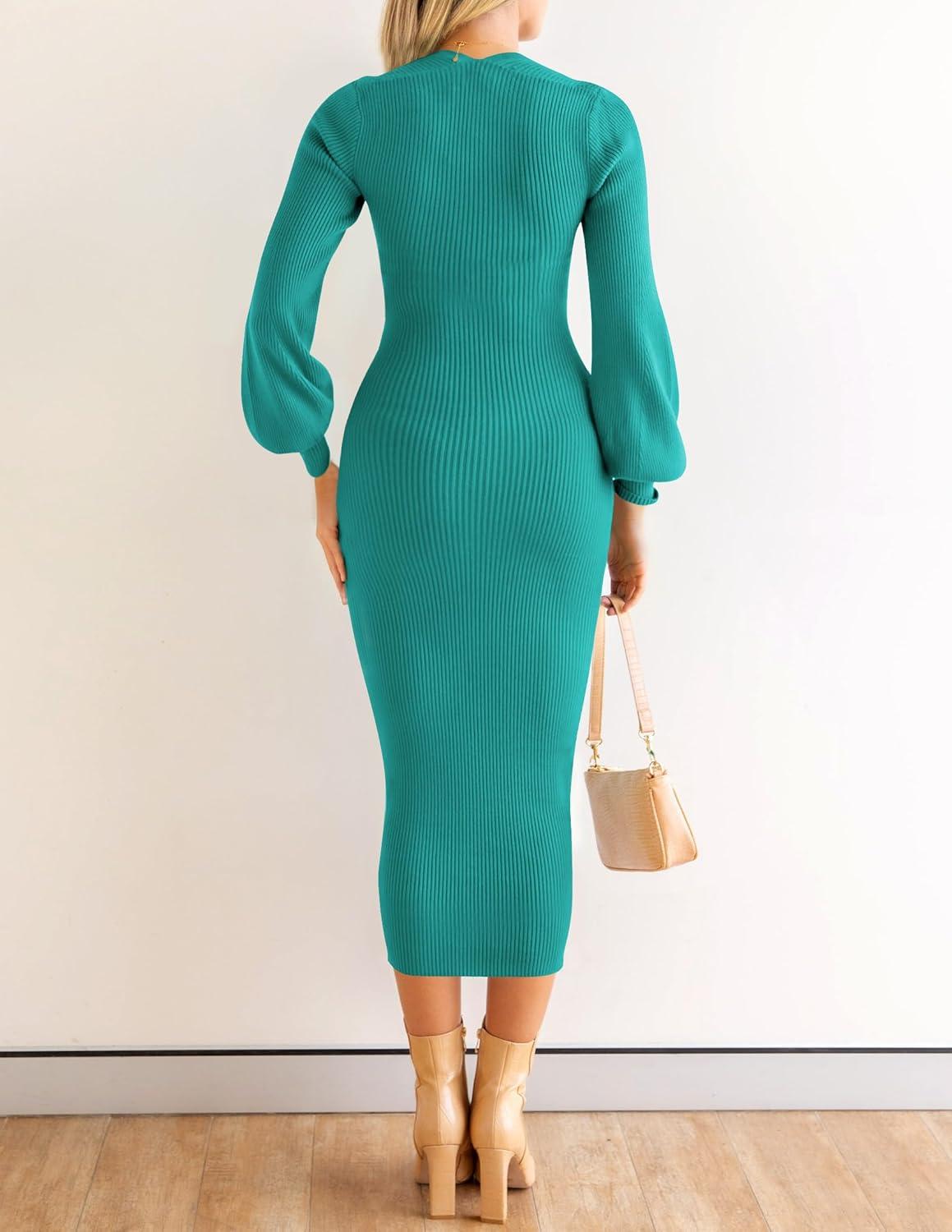 imageZESICA Womens 2026 Square Neck Ribbed Knit Dress Puff Long Sleeve Slim Fit Bodycon Fall Winter Pullover Sweater DressPeacock