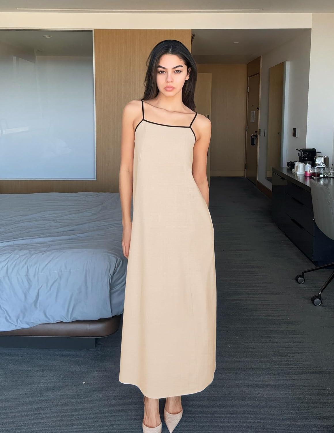 imageZESICA Womens 2026 Summer Boho Sleeveless Maxi Dress Spaghetti Straps Casual Flowy A Line Beach Party Long DressesApricot