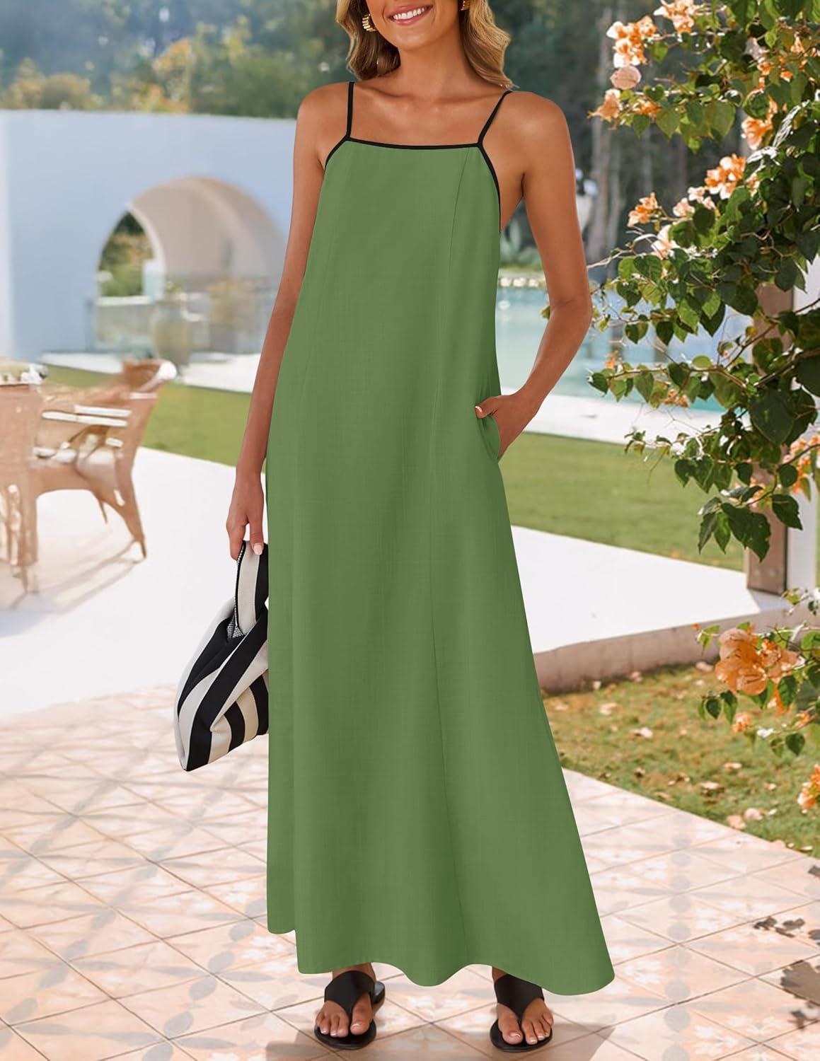 imageZESICA Womens 2026 Summer Boho Sleeveless Maxi Dress Spaghetti Straps Casual Flowy A Line Beach Party Long DressesArmy Green