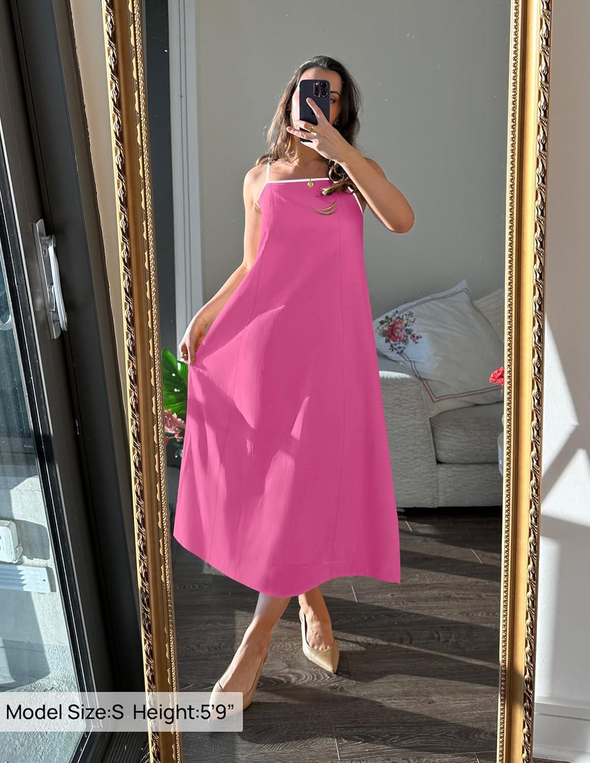 imageZESICA Womens 2026 Summer Boho Sleeveless Maxi Dress Spaghetti Straps Casual Flowy A Line Beach Party Long DressesHot Pink