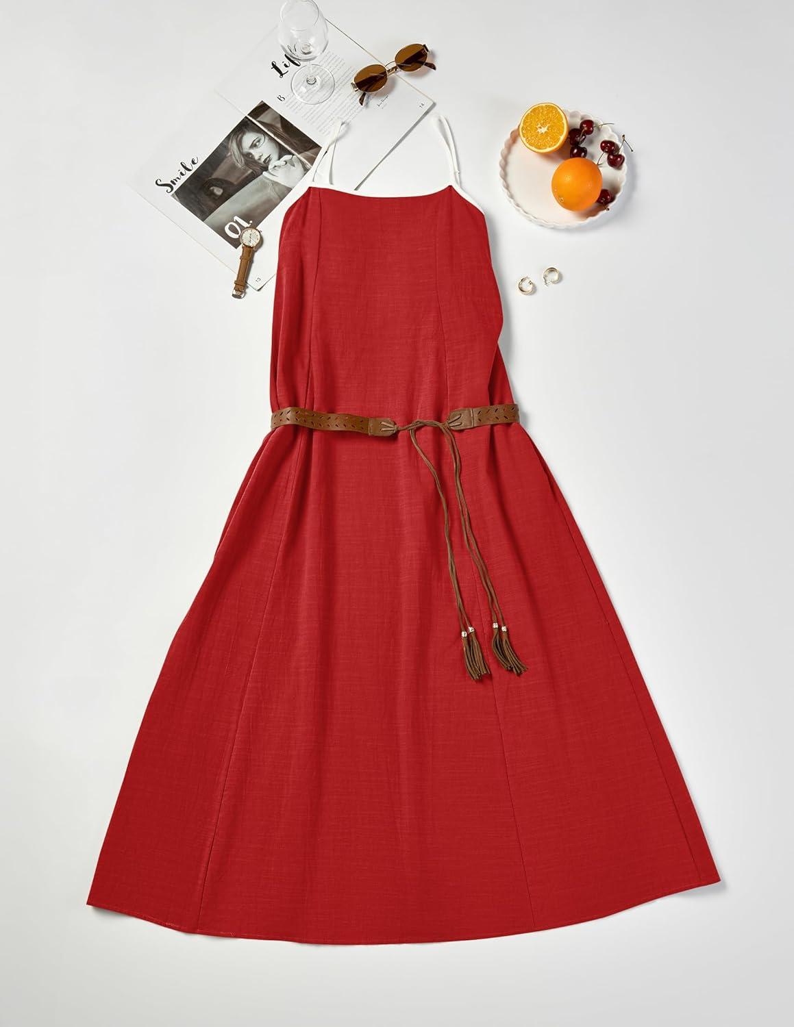 imageZESICA Womens 2026 Summer Boho Sleeveless Maxi Dress Spaghetti Straps Casual Flowy A Line Beach Party Long DressesRed