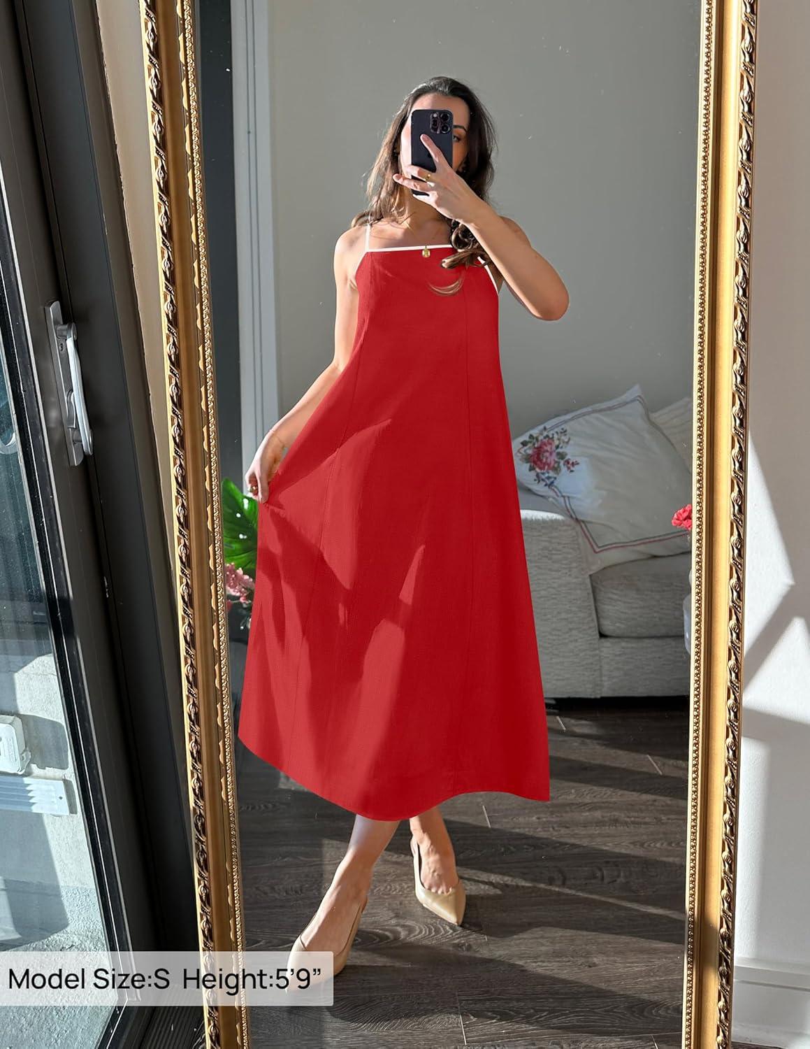 imageZESICA Womens 2026 Summer Boho Sleeveless Maxi Dress Spaghetti Straps Casual Flowy A Line Beach Party Long DressesRed