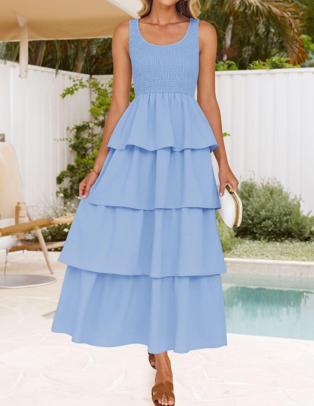 imageZESICA Womens 2026 Summer Boho Sleeveless Midi Dress Scoop Neck Ruffle Tiered Layered Swing Long Beach Vacation DressesBlue