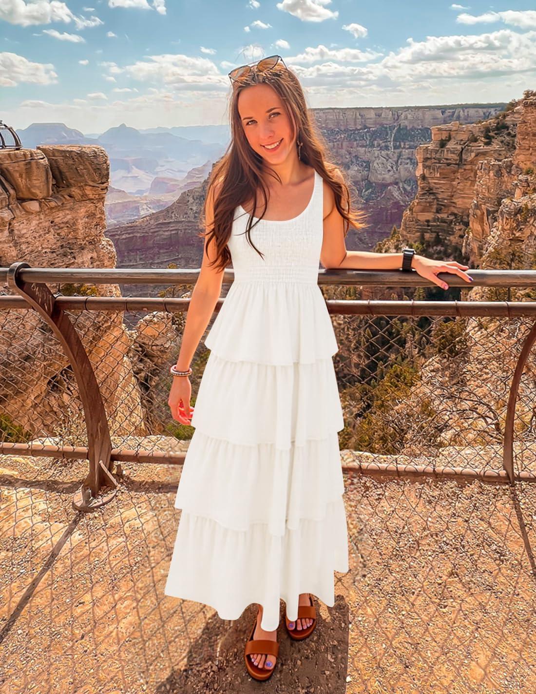 imageZESICA Womens 2026 Summer Boho Sleeveless Midi Dress Scoop Neck Ruffle Tiered Layered Swing Long Beach Vacation DressesIvory