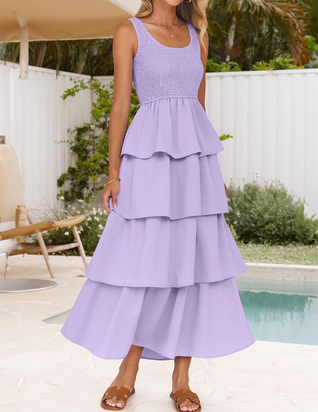 imageZESICA Womens 2026 Summer Boho Sleeveless Midi Dress Scoop Neck Ruffle Tiered Layered Swing Long Beach Vacation DressesPurple